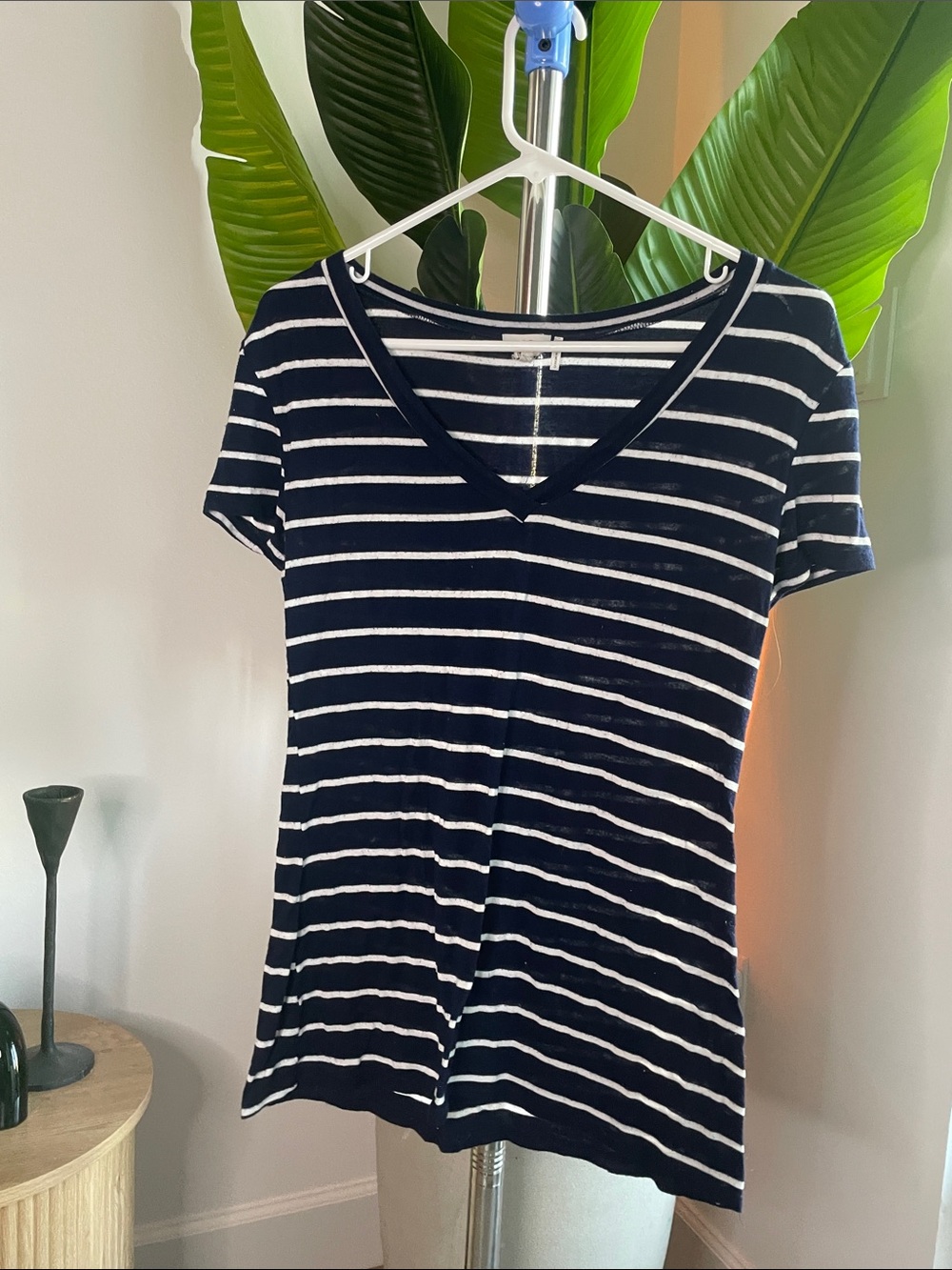 one clothing Navy and White Striped V-Neck Short Sleeve Tee